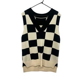 Checkerboard Knit Sweater Vest Black White Y2K Streetwear M (Oversized Fit)